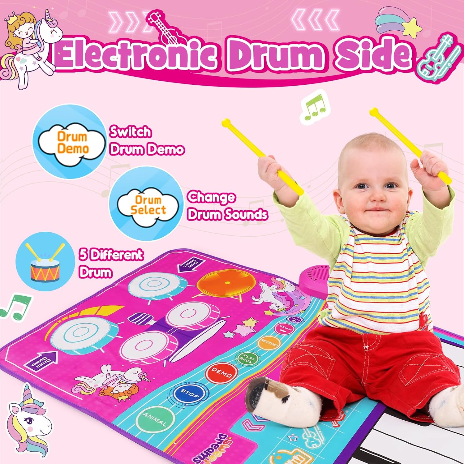 Thumbnail 3 de Gralal Unicorn 3-in-1 Musical Mat for 1–2 Year Old Girls – Pink Piano Drum with 19 Sounds