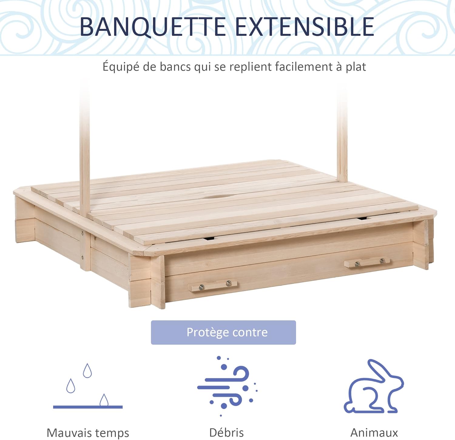 Detalle de Outsunny bac à sable carré en bois pour enfants avec bancs et couvercle, auvent réglable