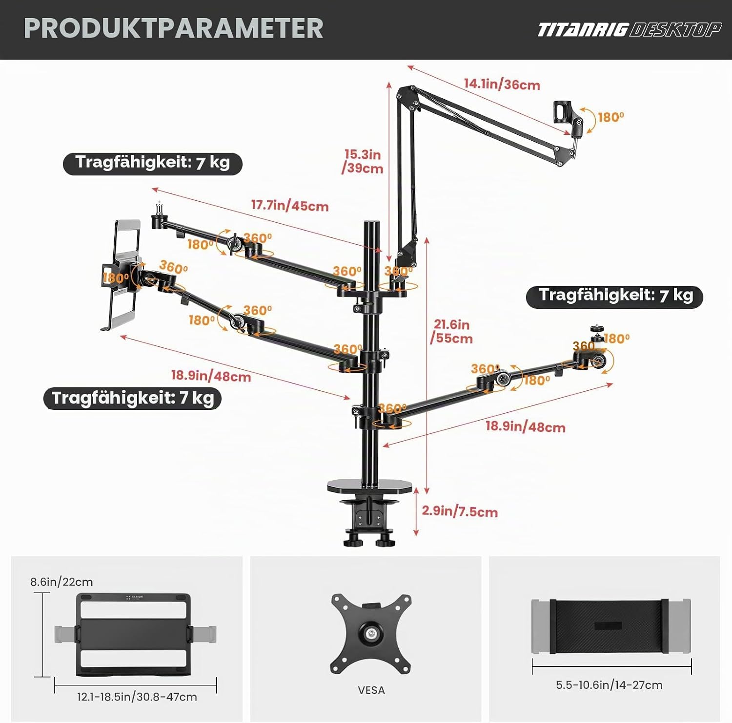 Thumbnail 4 de TARION Tischstativ Overhead Stativ für Kamera – TitanRig 4‑in‑1 Desktop-Setup