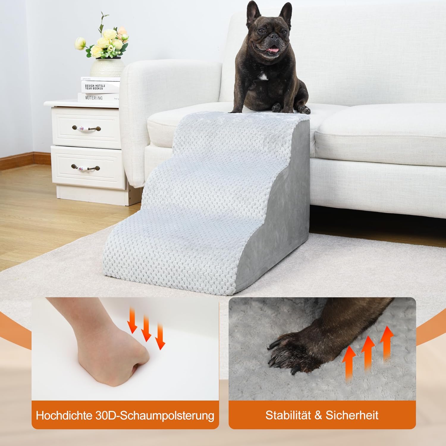 Thumbnail 3 de KSIIA Hundetreppe mit 3 Stufen (40 cm hoch) – rutschfeste Basis & waschbarer Bezug, grau