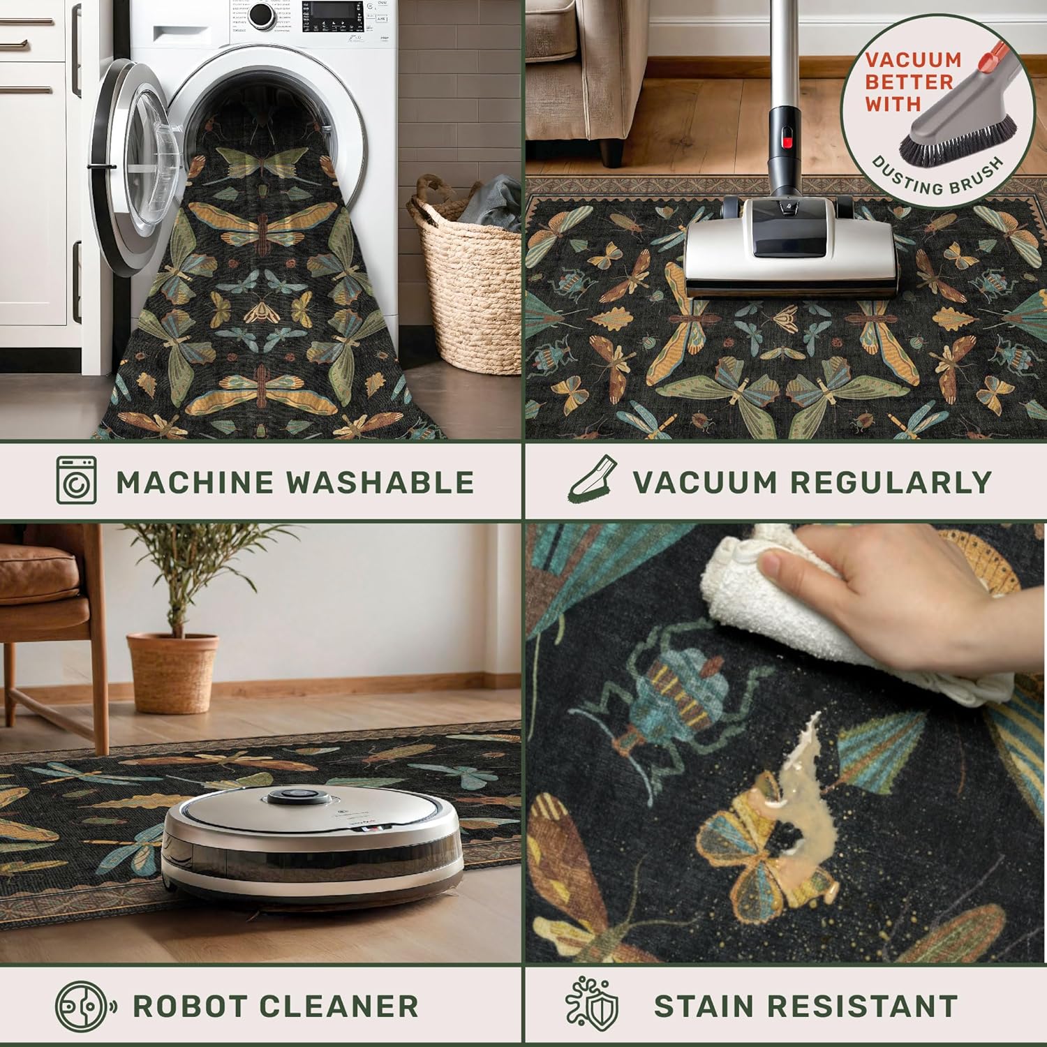 Thumbnail 3 de Hazo Haus Black Insect 2'6" x 12' Washable Runner Rug for Hallways, Kitchen & Entryway