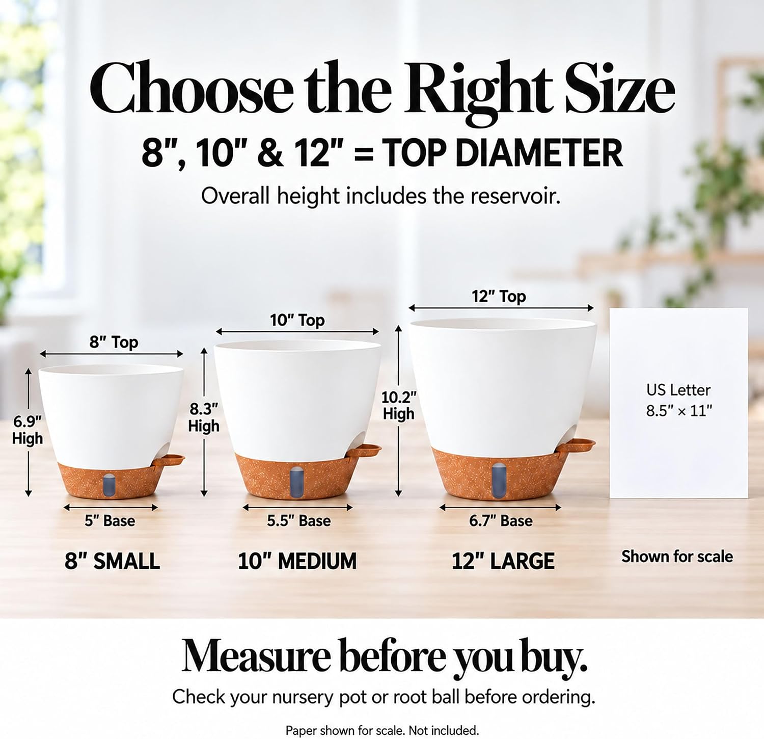 Detalle de Fielda 8/10/12-Inch Self-Watering Planter Set, White Plastic Pots