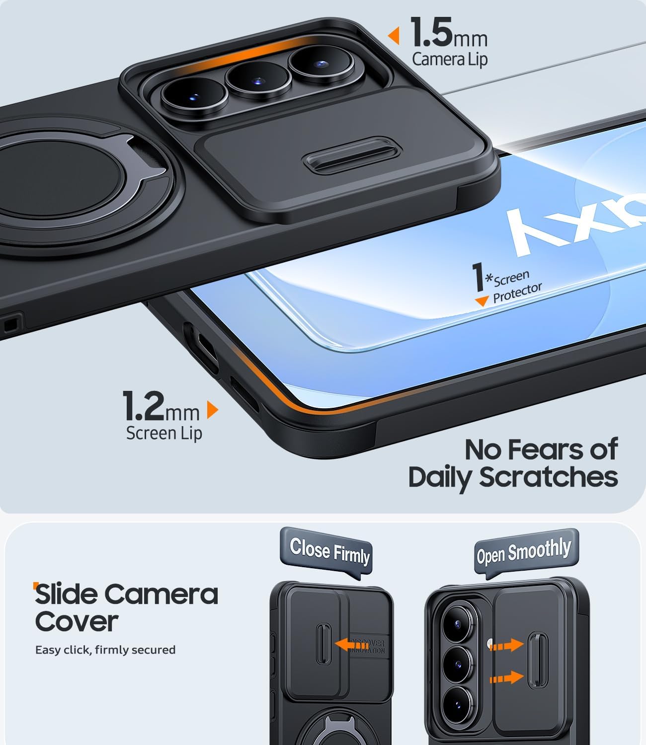 Detalle de JAME for Samsung Galaxy S26 Case with Ring Holder, Camera Slide Cover, Screen Protector, and Magnetic Accessories (Black)