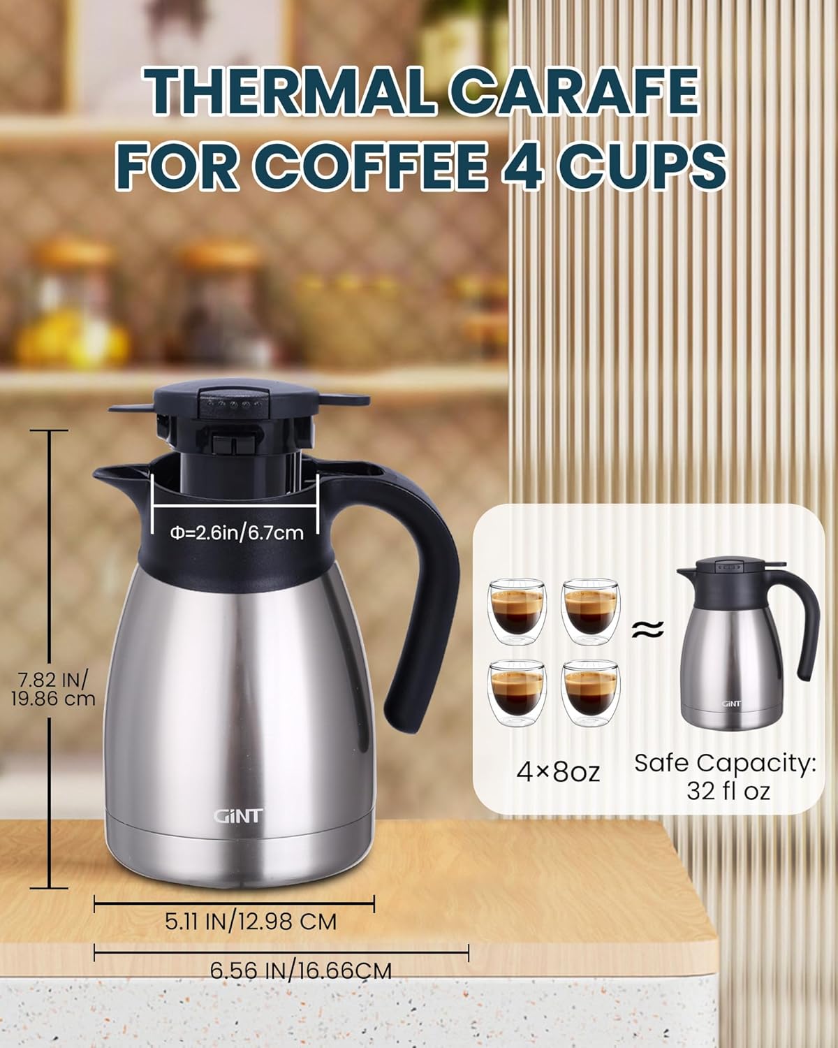 Thumbnail 3 de GiNT 34Oz Thermal Coffee Carafe (Double-Walled Vacuum Insulated Stainless Steel) – 1L Silver