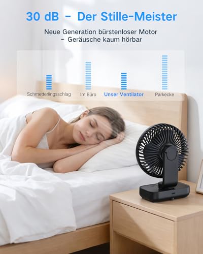 Detalle de ArsMotin Tischventilator Automatisch Oszillierend – leise, tragbar und flexibel mit 4500 mAh Akku