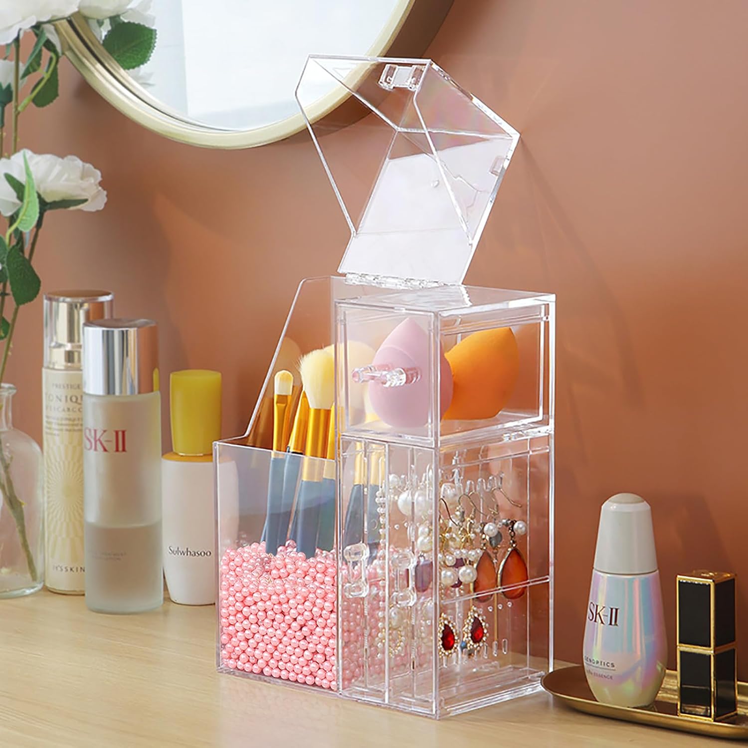 Thumbnail 6 de Andchi 2-in-1 Cosmetic Brush & Earrings Desk Organizer (dustproof acrylic, pink pearl)