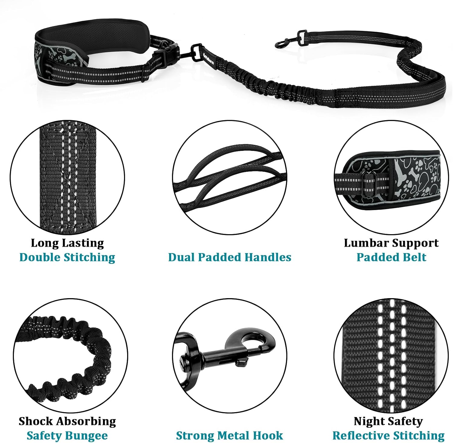 Detalle de Philorn Heavy Hands Free Dog Lead with Wide Waist Belt – Dual Handles, 50kg Shock Absorbing Bungee, Reflective for Medium to Large Dogs