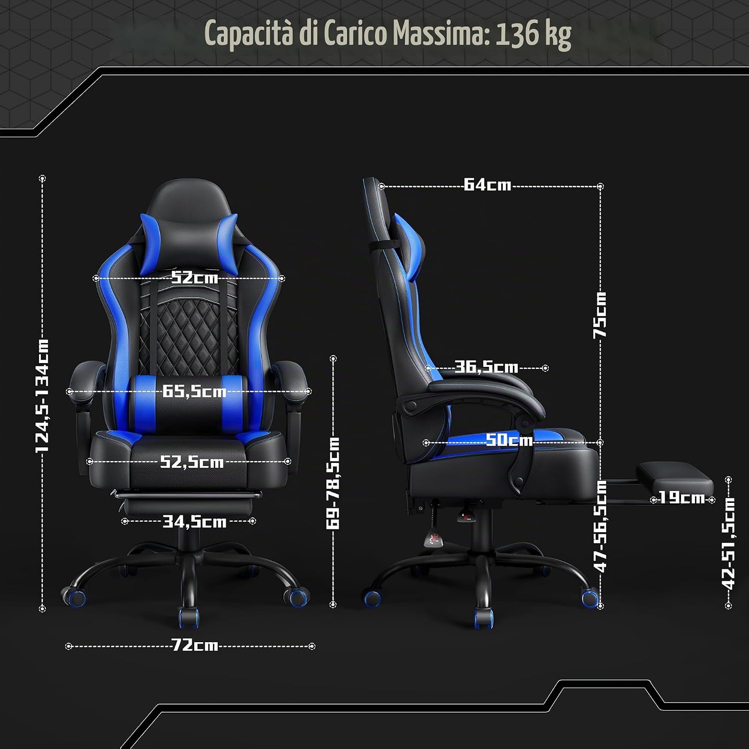 Thumbnail 2 de Yaheetech Sedia Gaming Ergonomica con Supporto Massaggio Lombare e Poggiapiedi Estraibile