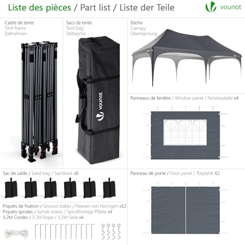 Detalle de VOUNOT 3mx6m Pop Up Gazebo with 6 Removable Sidewalls & 6 Weight Bags – Grey