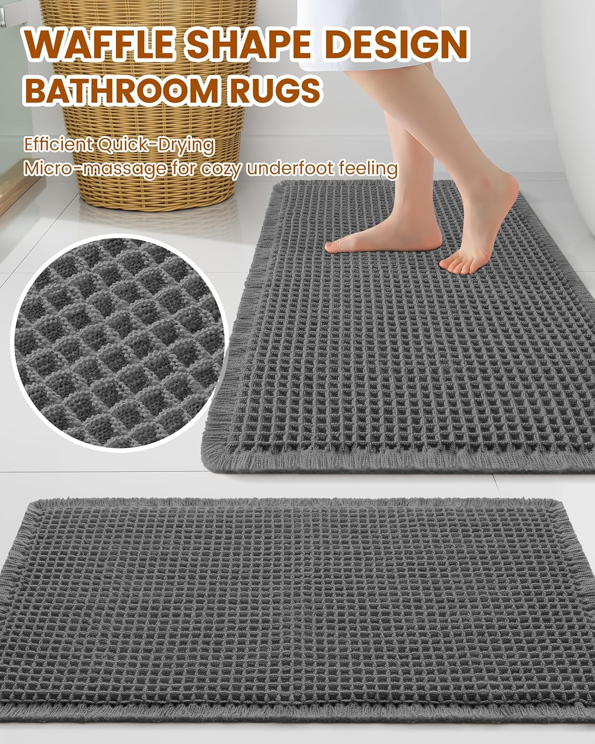 Detalle de Smiry Waffle Bath Mat 24x16 — Extra Soft, Absorbent Non-Slip Bath Rug