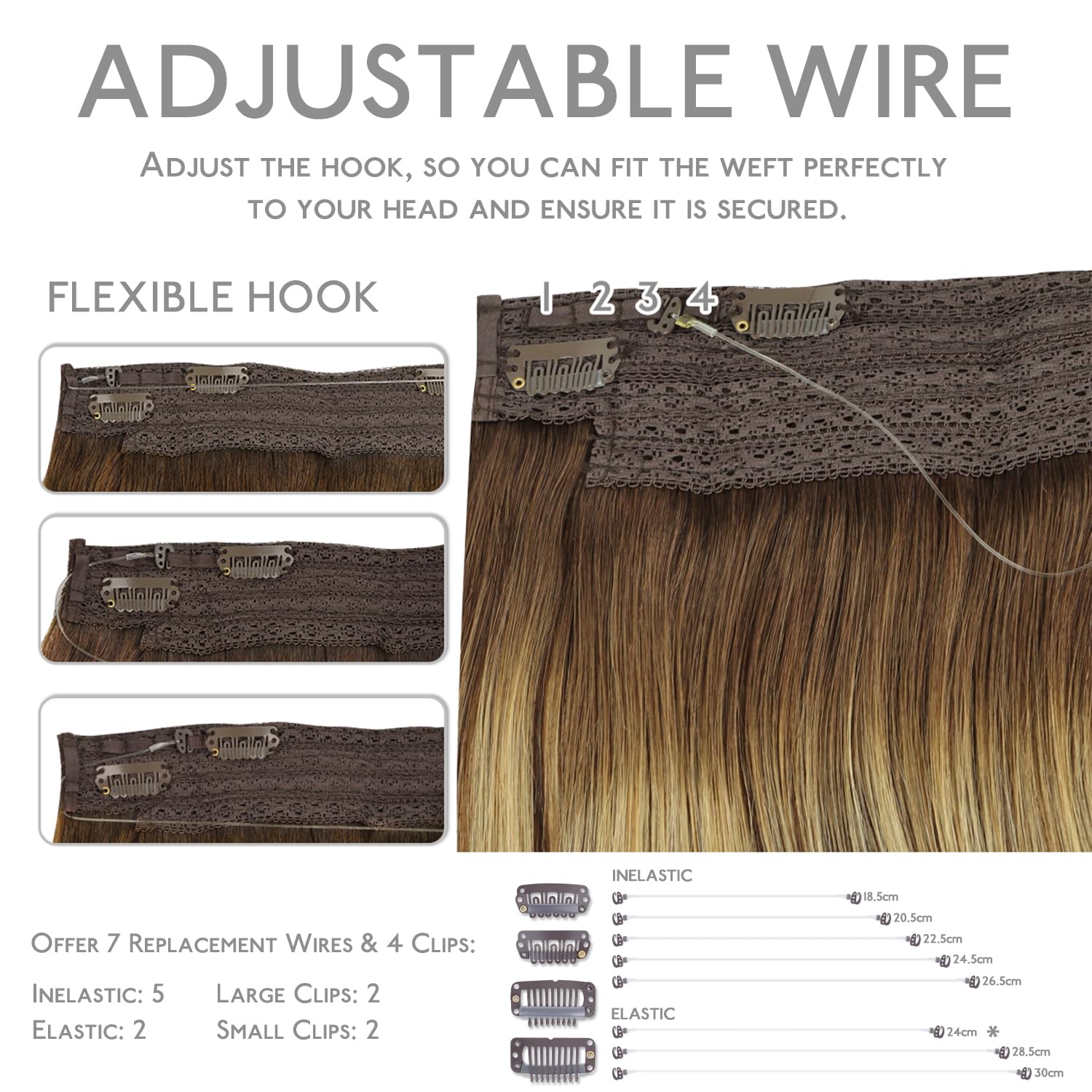 Detalle de WENNALIFE Real Human Hair Wire Extensions, 22 inch, 120g, Balayage Chocolate Brown to Honey Blonde