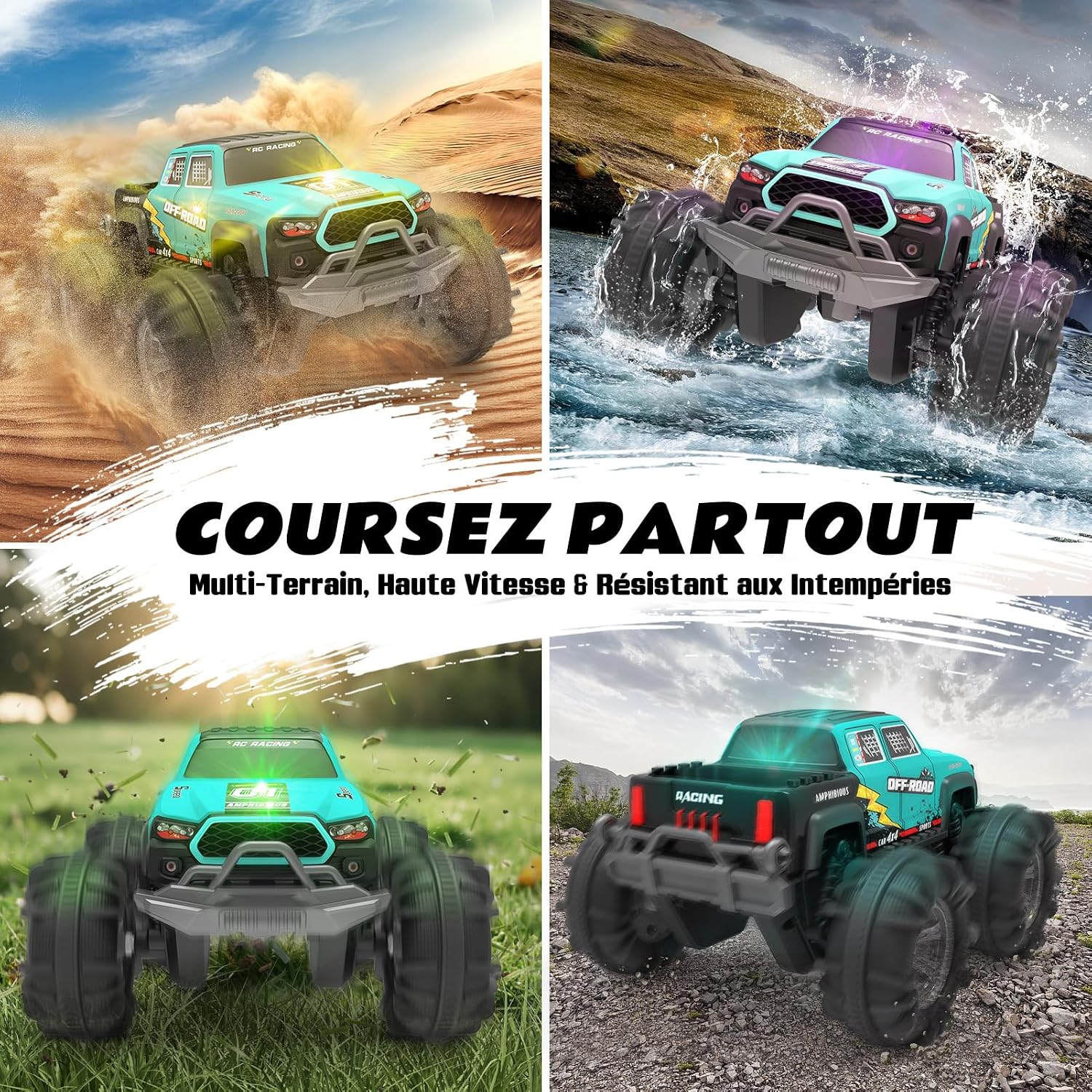 Detalle de Voiture Télécommandée 4WD Amphibie – Stunt Tout-Terrain avec Capteur Gestuel et LED