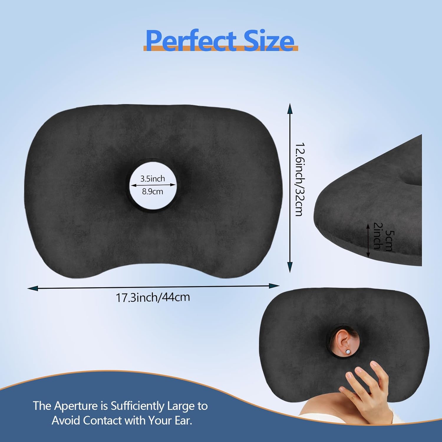 Detalle de Babyezz Ear Piercing Hole Pillows – Seitenschläferkissen mit Ohrenloch (Schwarz)