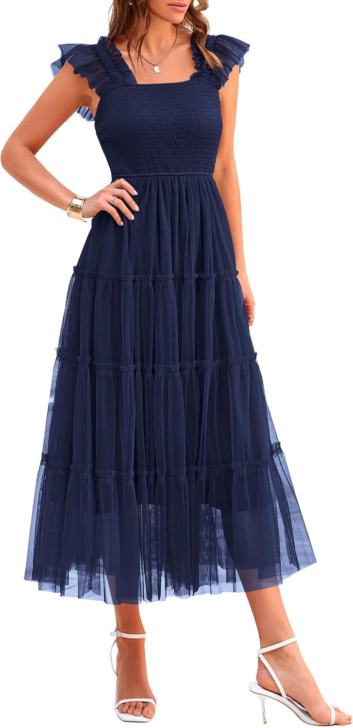 Detalle de PRETTYGARDEN Women's Summer Tulle Midi Dress - Sleeveless Smocked Ruffle Flowy Mesh Sundress