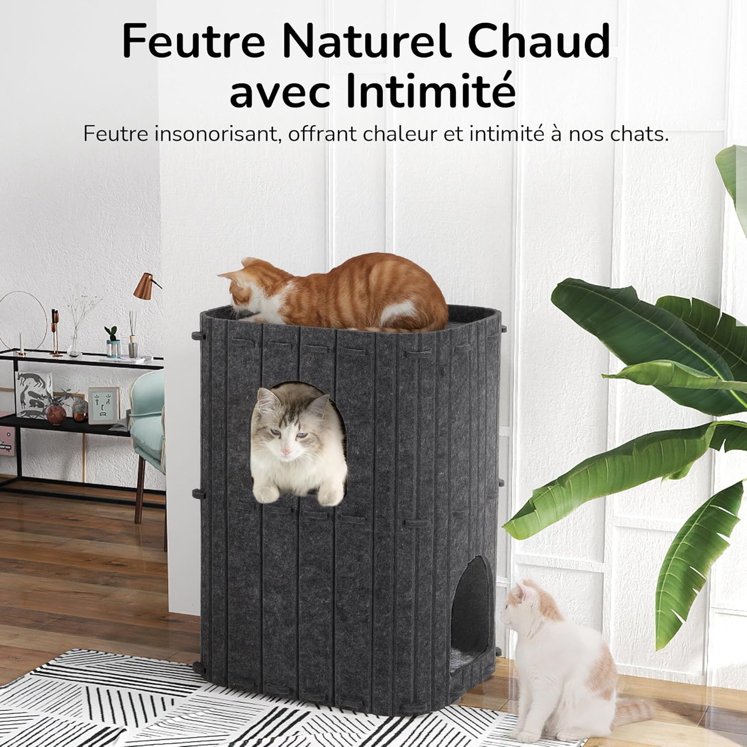 Thumbnail 4 de FUKUMARU Niche pour chat d’intérieur 2 étages en feutre gris (45 x 36,5 x 60 cm)