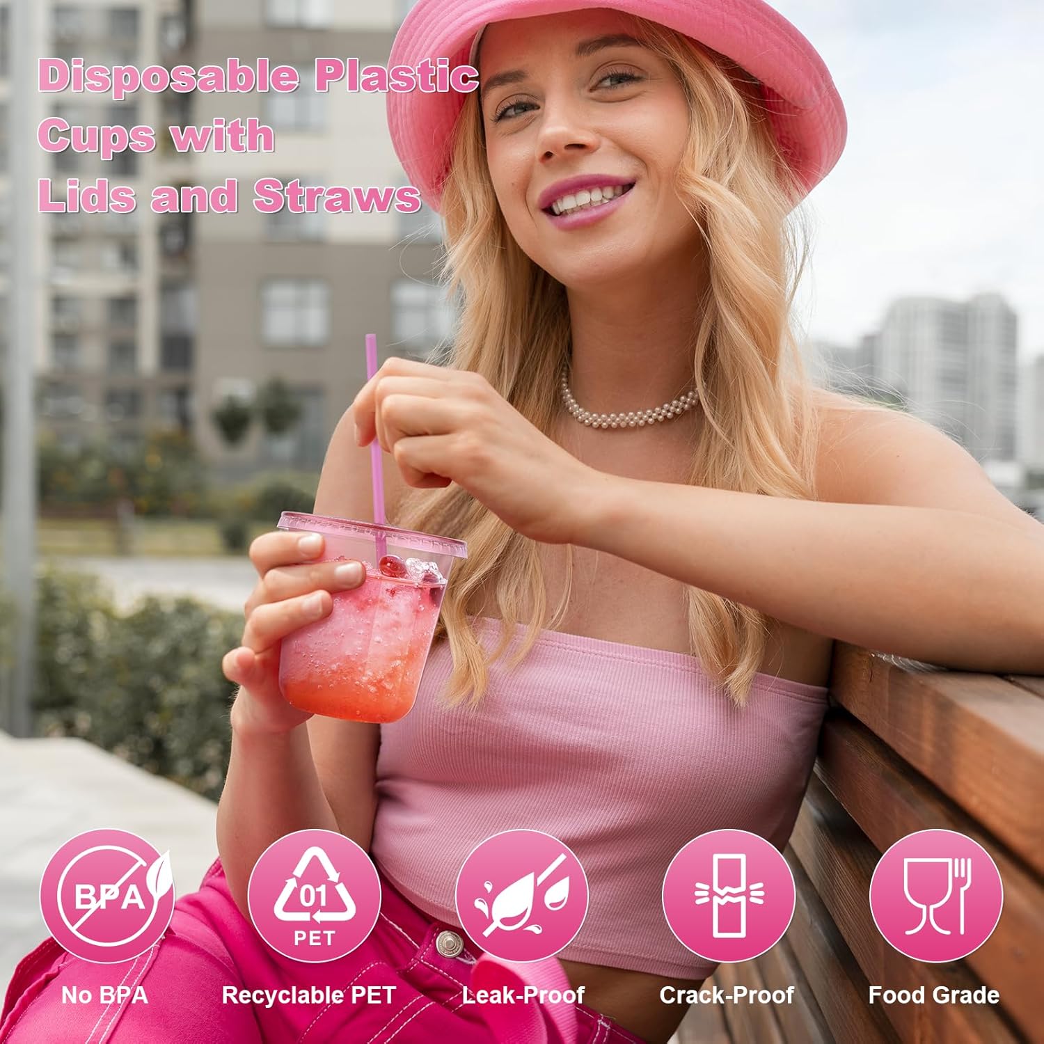 Thumbnail 2 de KesaPlan 50 Pack 12 oz Pink Plastic Party Cups with Lids and Straws (Disposable)