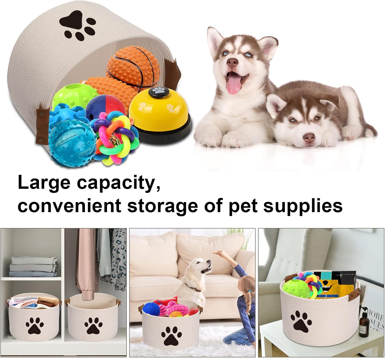 Thumbnail 3 de Morezi large beige cotton pet toy storage basket with handles (40cm D x 27cm H)