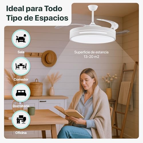Thumbnail 3 de LEDUNI Ventilador de techo con luz LED 36W, mando y aspas retráctiles (50 cm) – Blanco