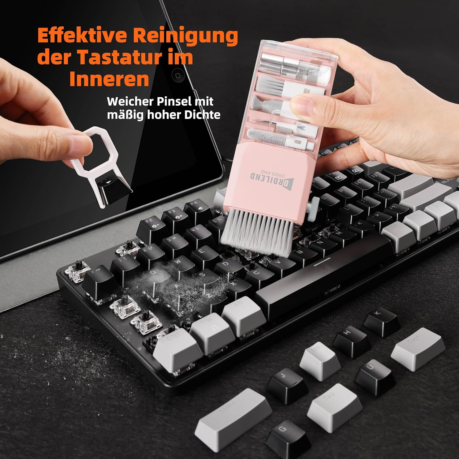 Detalle de Ordilend Tastatur Reinigungsset – Kompaktes Keyboard- und Laptop-Reinigungsset mit Bürsten, Mikrofasertüchern und Metallstift