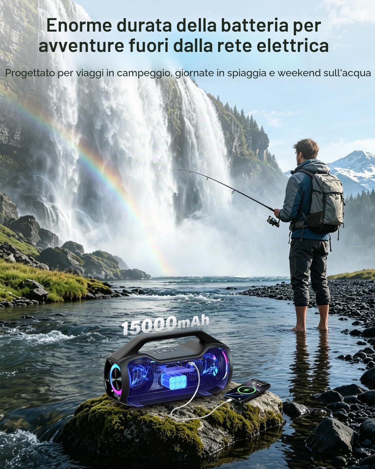 Detalle de Cassa Bluetooth Potente Portatile 120W Peak con 2 Woofer e 2 Tweeter, IP65 e DSP - perfetta per feste, spiagge e campeggio