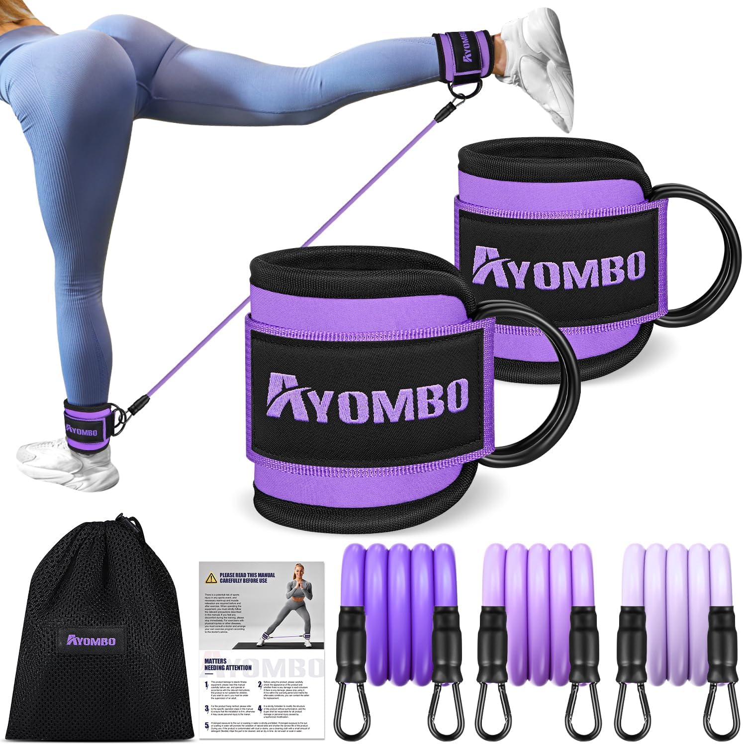 Detalle de Ayombo workout equipment home gym Ankle Resistance Bands with Cuffs, 3 Levels