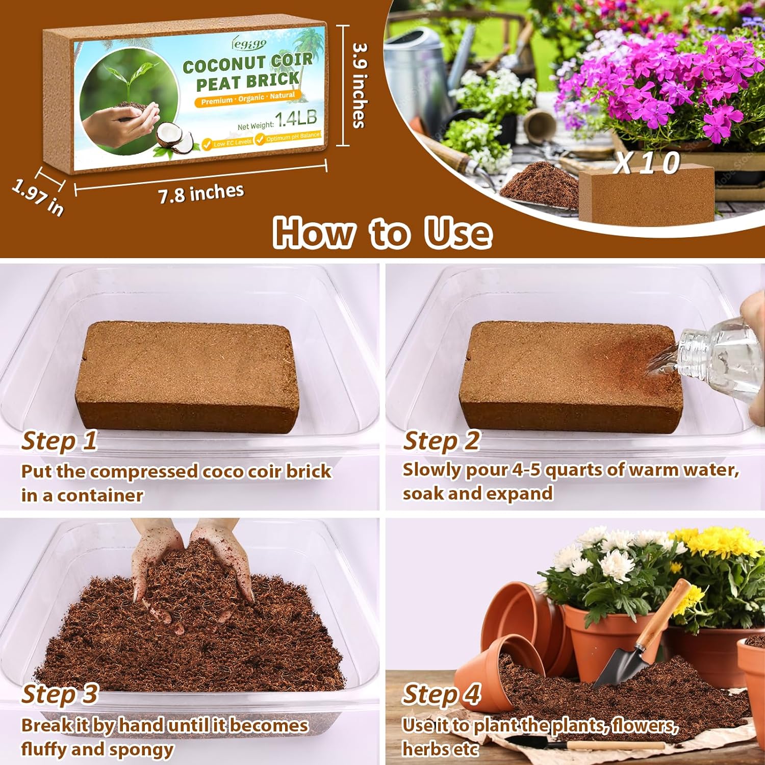 Detalle 2 de Legigo LG-Coco Bricks-10set Organic Coco Coir Bricks, 10-Pack
