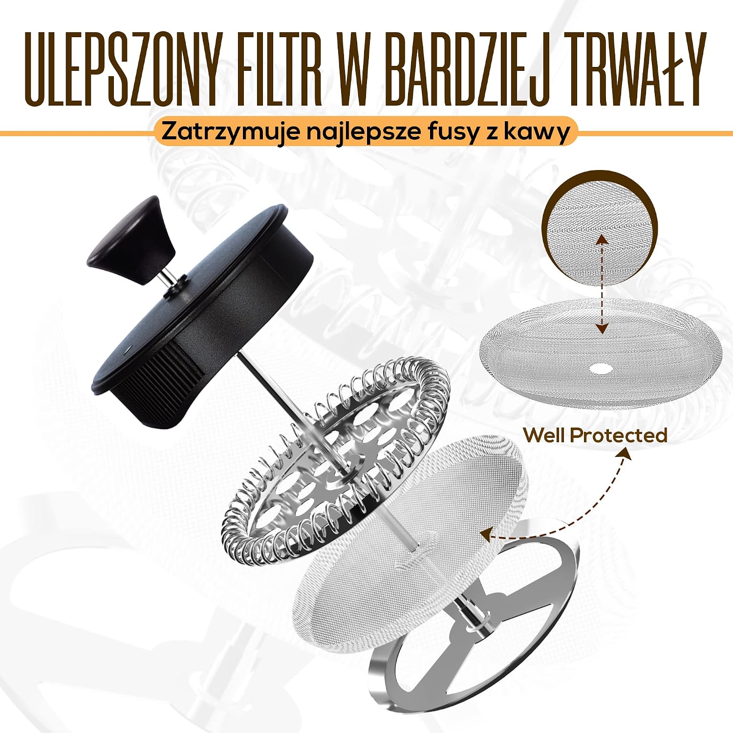 Detalle de KICHLY EU0315 French press 1000 ml z potrójnym filtrem i szkłem borokrzemowym