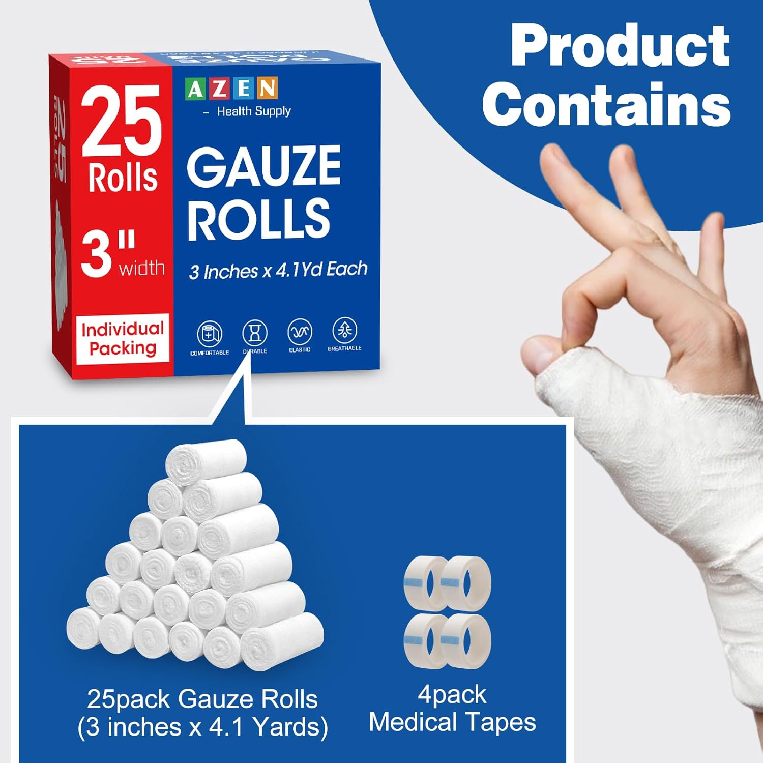 Thumbnail 2 de AZEN 25 Pack Gauze Rolls Bandages, 3 in x 4.1 Yards (Gauze Wrap Vet Wrap / Mummy Wraps)