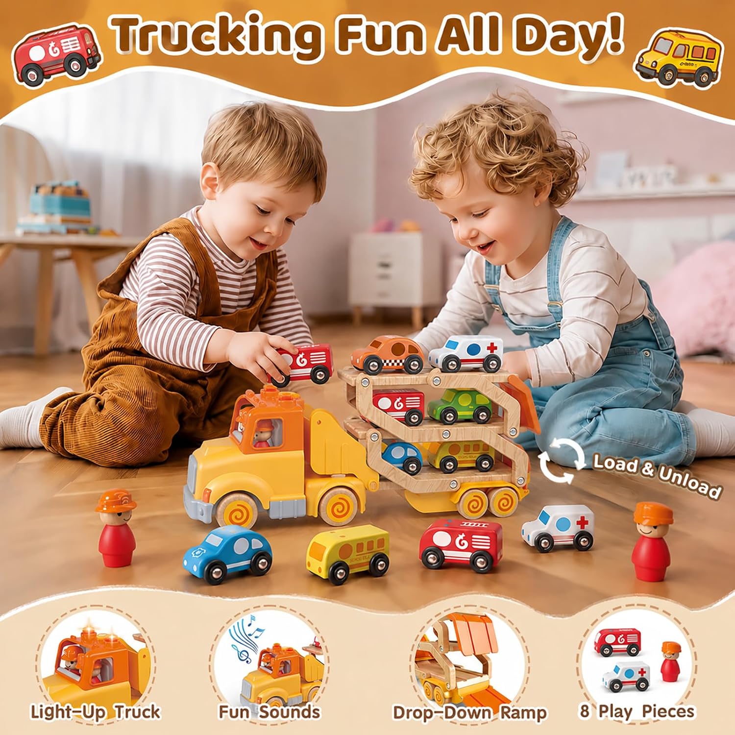 Thumbnail 2 de Toddler 7-in-1 Transport Trailer Toy Set with 6 Wooden Cars, Light & Sound 30in Foldable Track Trailer