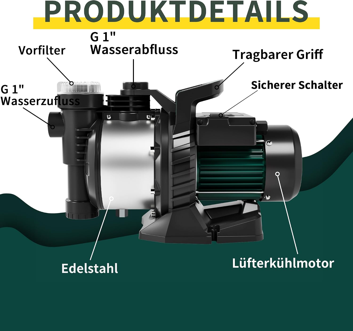 Thumbnail 5 de LANCHEZ Gartenpumpe 5000 l/h – 1300 W, Förderhöhe 50 m, inkl. Filter, Wasseranschluss und Ablass