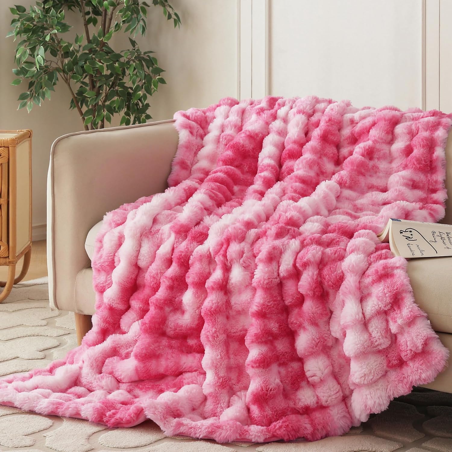 Detalle de COOVA Faux Fur Throw Blanket for Couch (50x60 Inches) in Tie Dye Pink