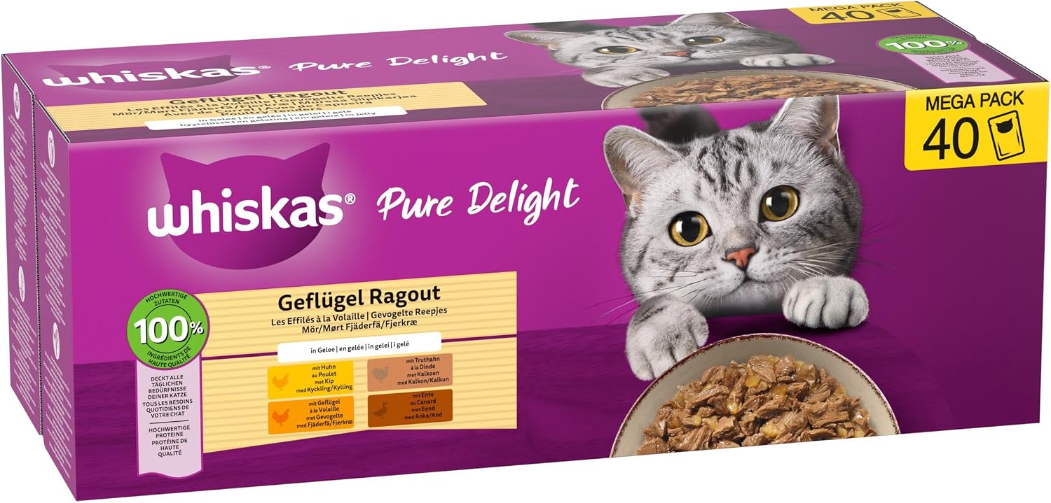 Detalle 2 de Whiskas 1+ Ragout Geflügel Auswahl in Gelee – Hochwertiges Nassfutter für ausgewachsene Katzen, 40x85 g