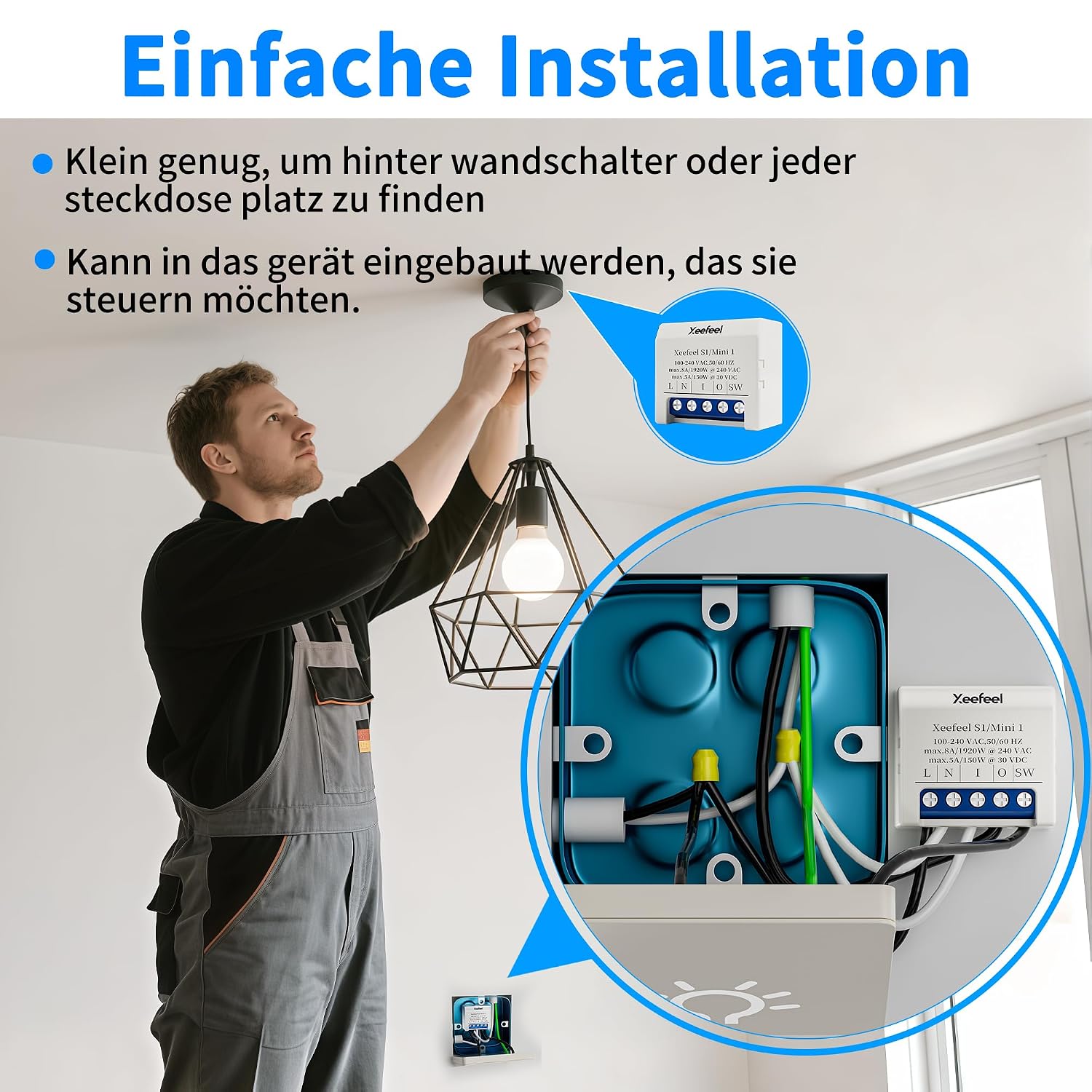 Detalle de Xeefeel Mini 1 Smart Relais Schalter WLAN & Bluetooth – 1 Kanal, 8A, kompatibel mit Alexa/Google Home