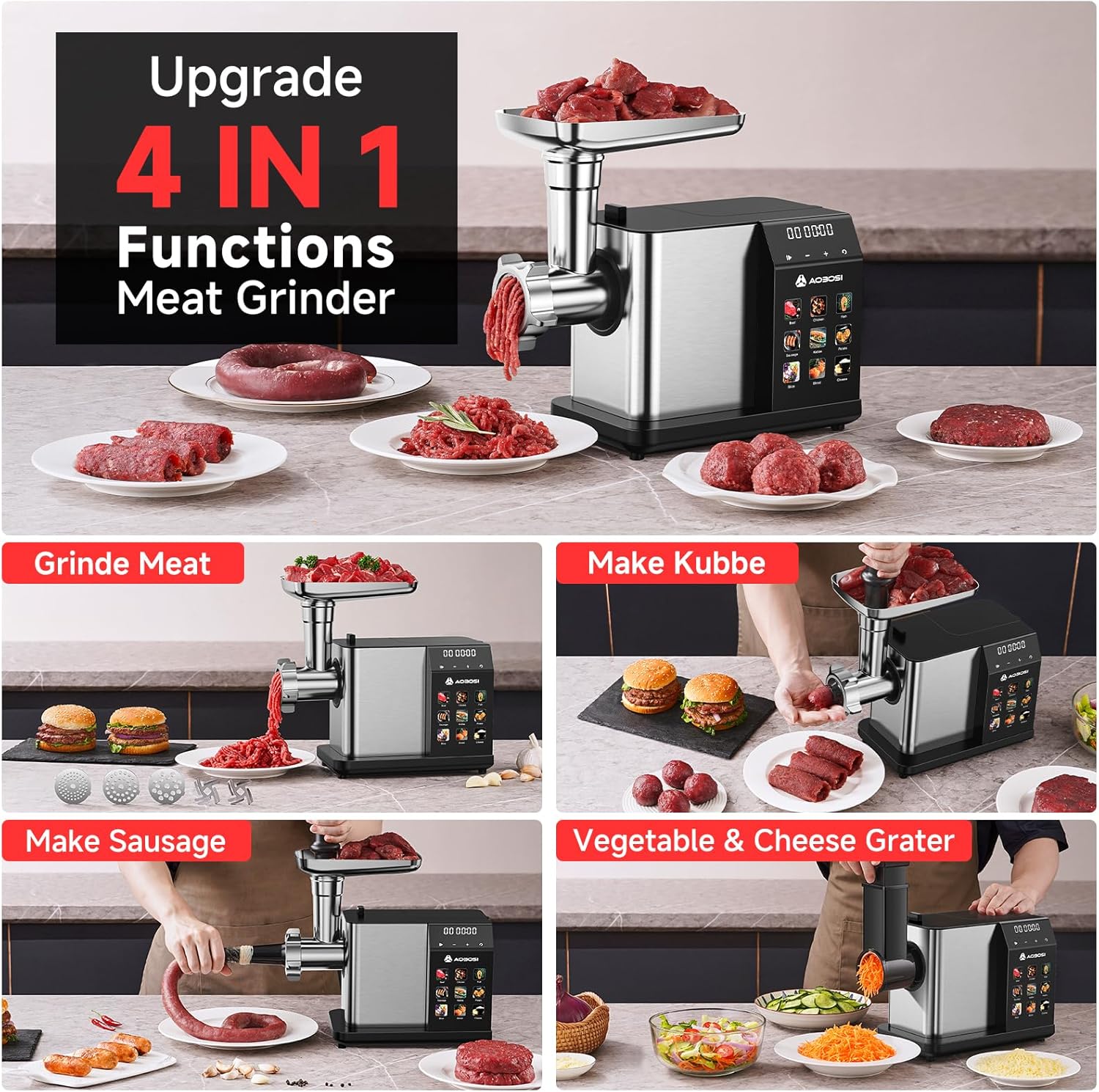 Thumbnail 4 de AAOBOSI Multifunctional Digital Meat Grinder, 3000W Max, 9 Touch Presets with Auto-Reverse
