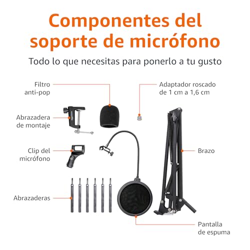 Detalle de Amazon Basics Soporte de Brazo Articulado para Micrófono (35,6 cm) con Filtro Antipop y Abrazadera