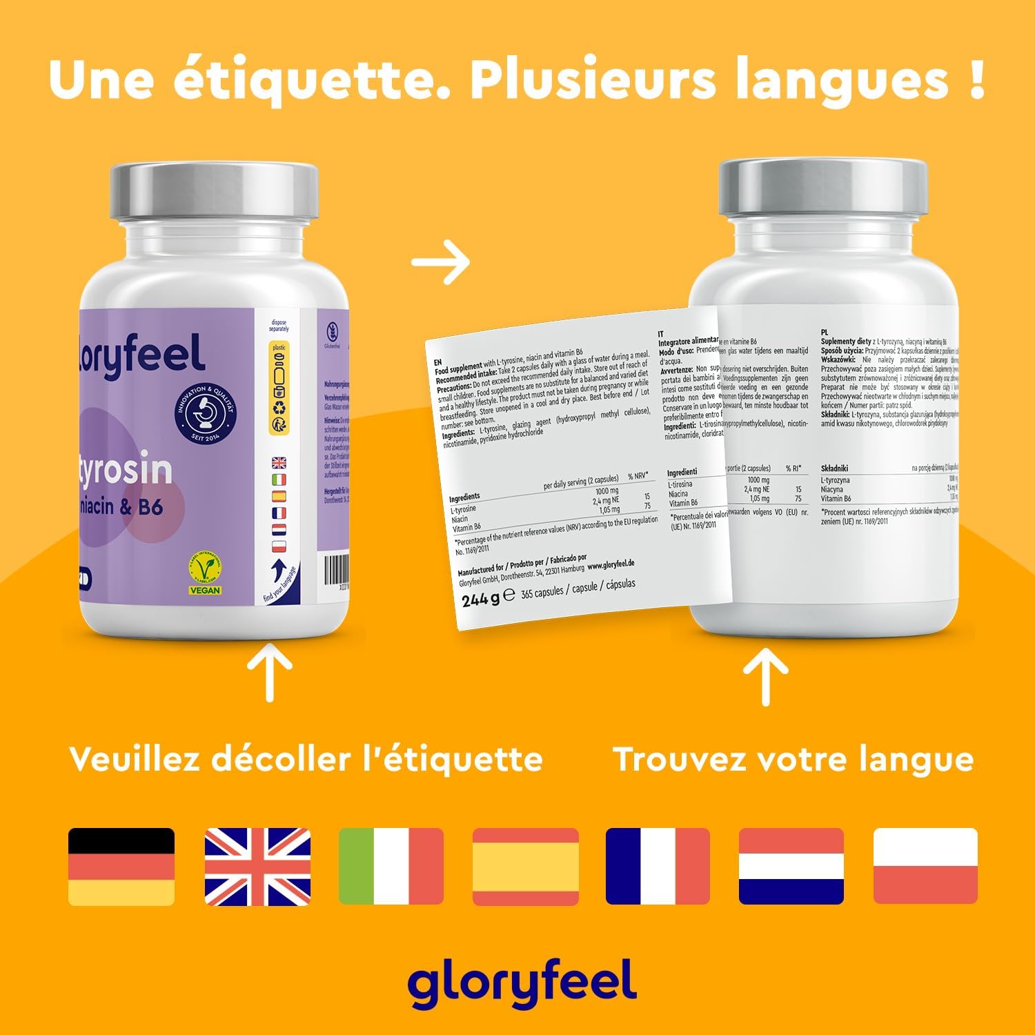 Thumbnail 5 de L-Tyrosine végane avec niacine et vitamine B6 — 365 capsules (dosage 1000 mg) contre la fatigue