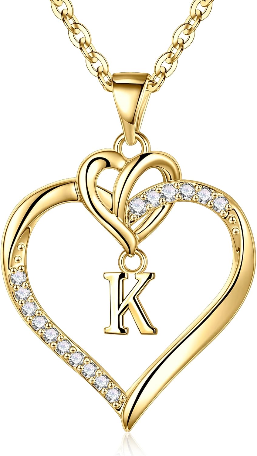 Detalle 2 de TINGN collana con iniziali a cuore A-Z placcata oro 14K con ciondolo zirconi, 45 cm