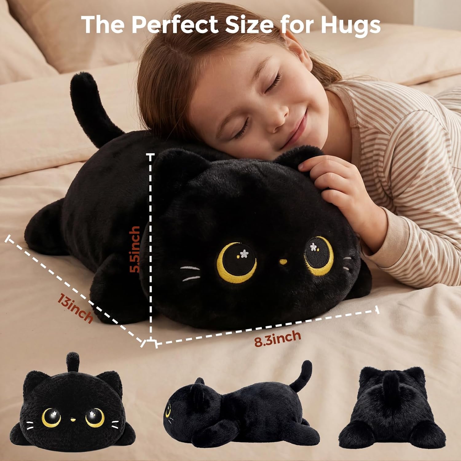 Thumbnail 1 de Mewaii Cute Black Cat Plush Pillow (Kawaii squishy stuffed cat) – Cuddle cushion for kids & girls, 13 inch