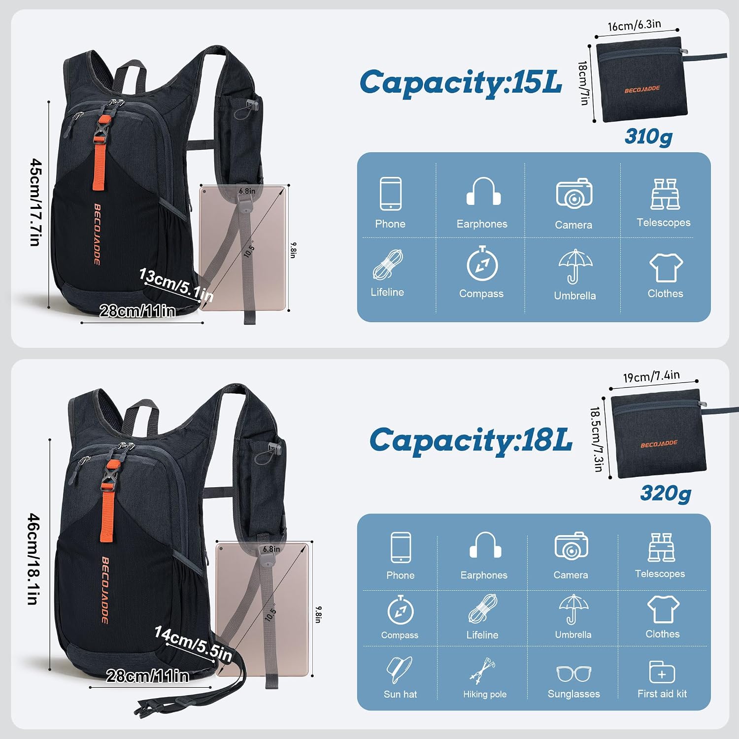 Thumbnail 3 de BECOJADDE 18L Foldable Hiking Backpack with Chest Belt and Anti-theft Pocket (Black)