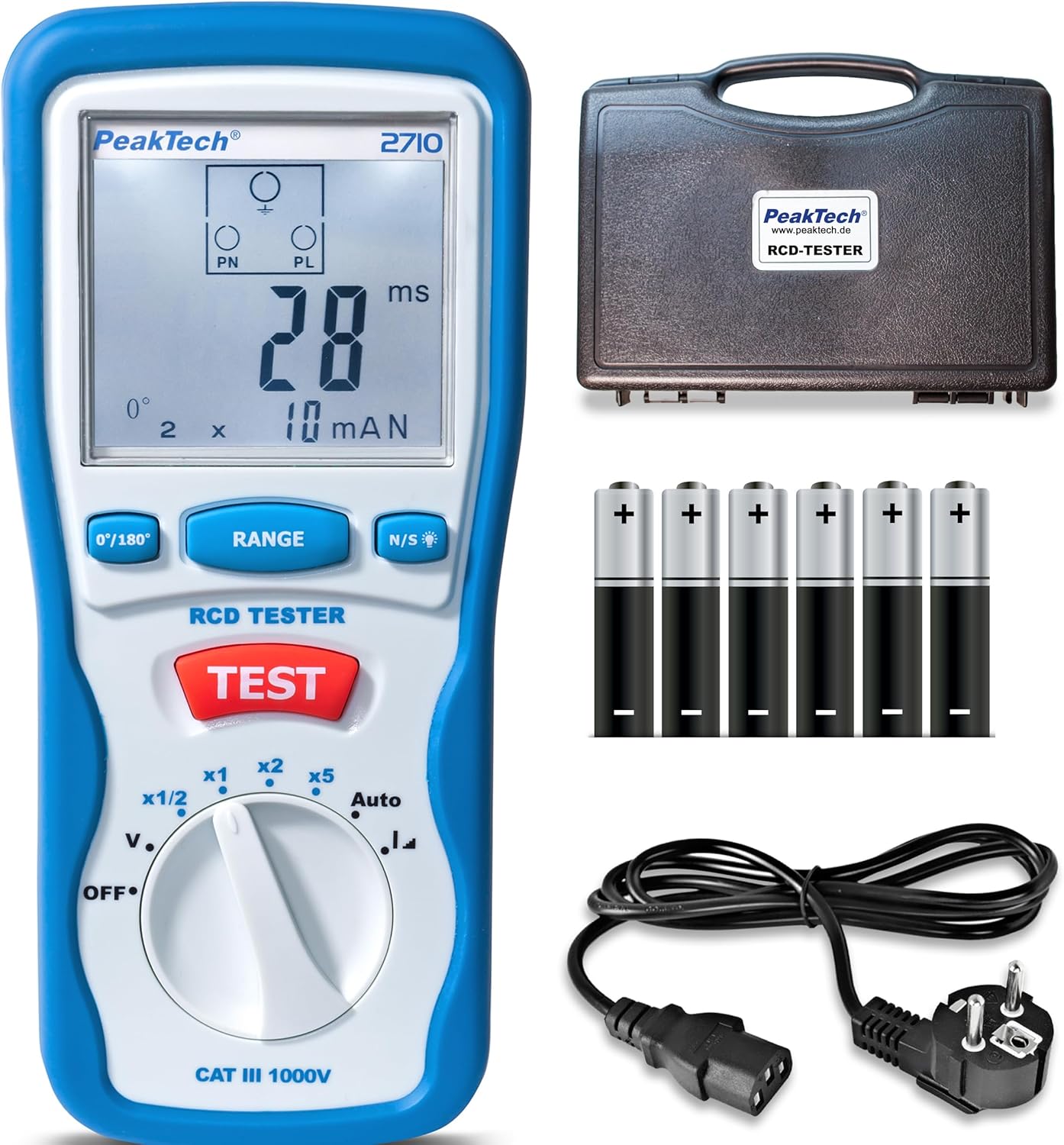 PeakTech P 2710 – Digitaler FI Tester für Auslösecharakteristik 230V/50Hz mit LCD-Display, CAT III 600V