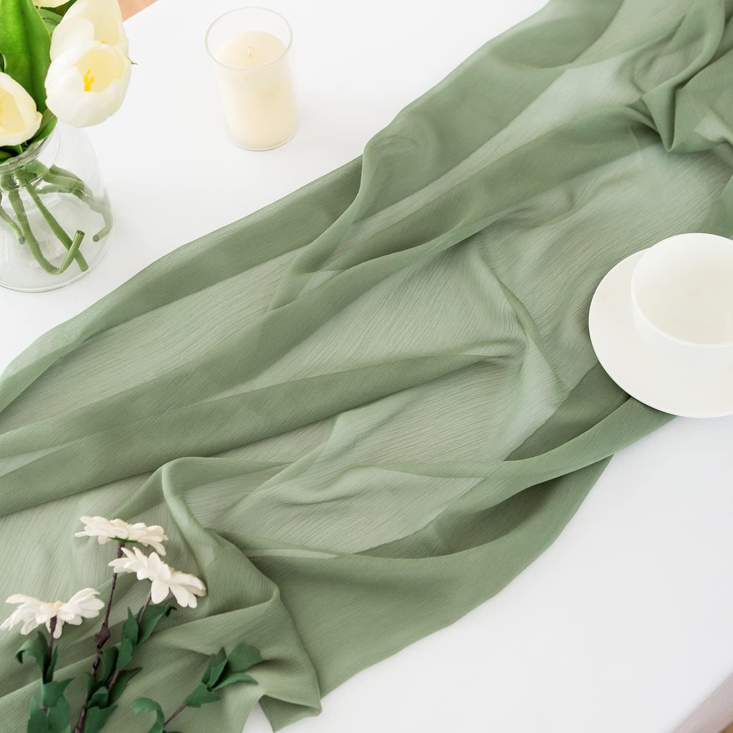Detalle de CHUQING Tischläufer Grün Chiffon – 70 × 300 cm, Salbeigrün/Hellgrün