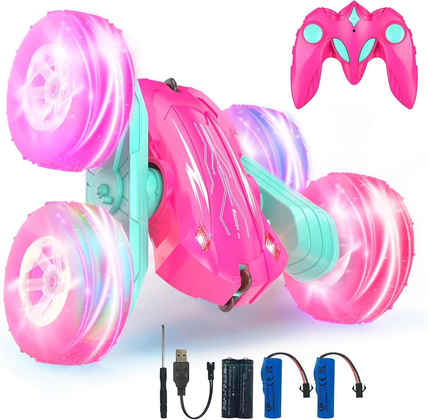 Detalle de Rodzon Ferngesteuertes Auto Crawler 4WD Rosa – LED-Licht, 360° Flip, 2x Aufladebatterien