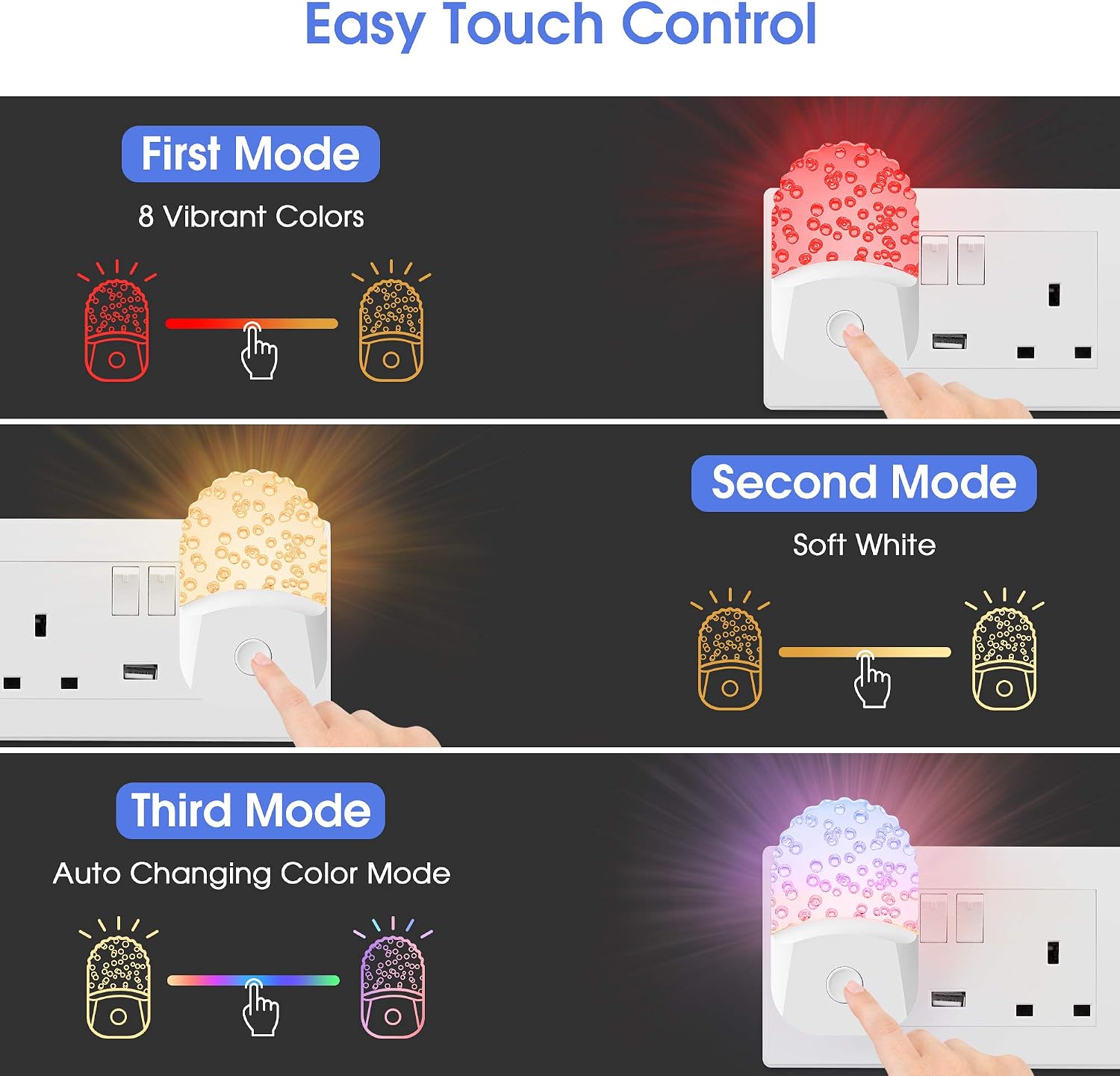 Thumbnail 3 de Emeritpro Night Light Plug in Wall with Dusk to Dawn Sensor – Warm White + RGB (8 Colours), 3 Lighting Modes, 0.5W Low Energy