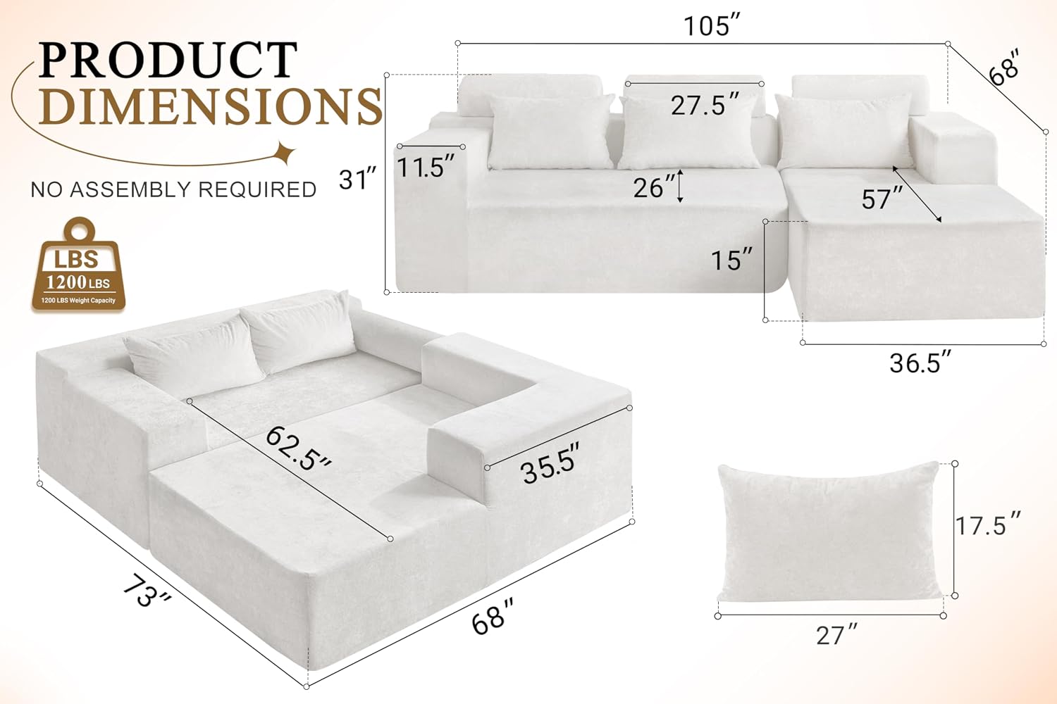 Detalle 2 de HABUTWAY L-Shaped Sectional Sofa 105-inch