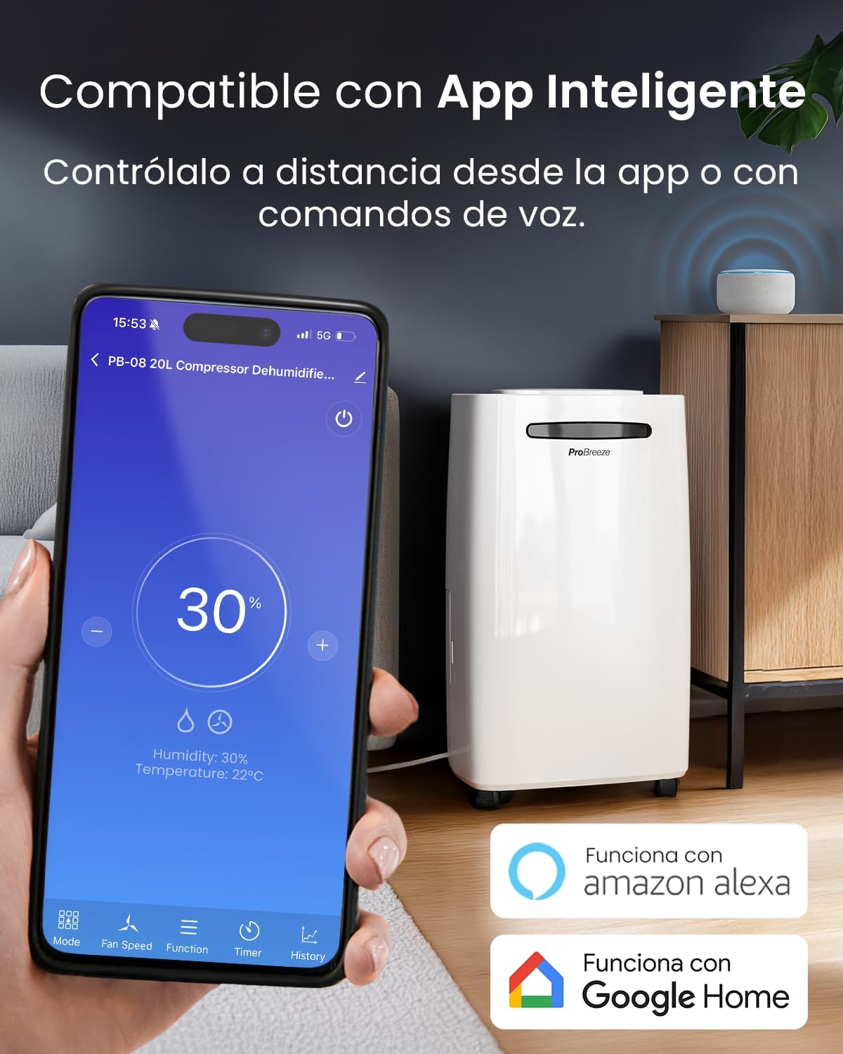 Thumbnail 3 de Pro Breeze deshumidificador inteligente 20L/día con Wi-Fi, sensor de humedad, modo ropa y drenaje continuo para condensación y moho en casa
