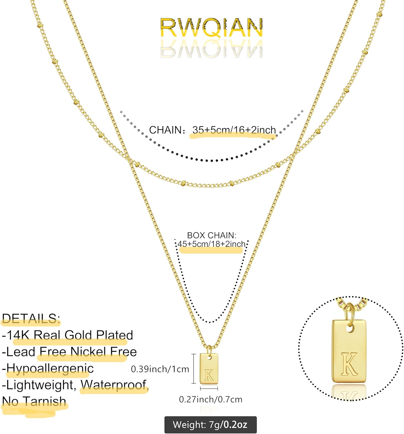 Detalle de RWQIAN Layered Initial Letter Necklace – Stainless Steel Silver or Gold A–Z Pendant for Women