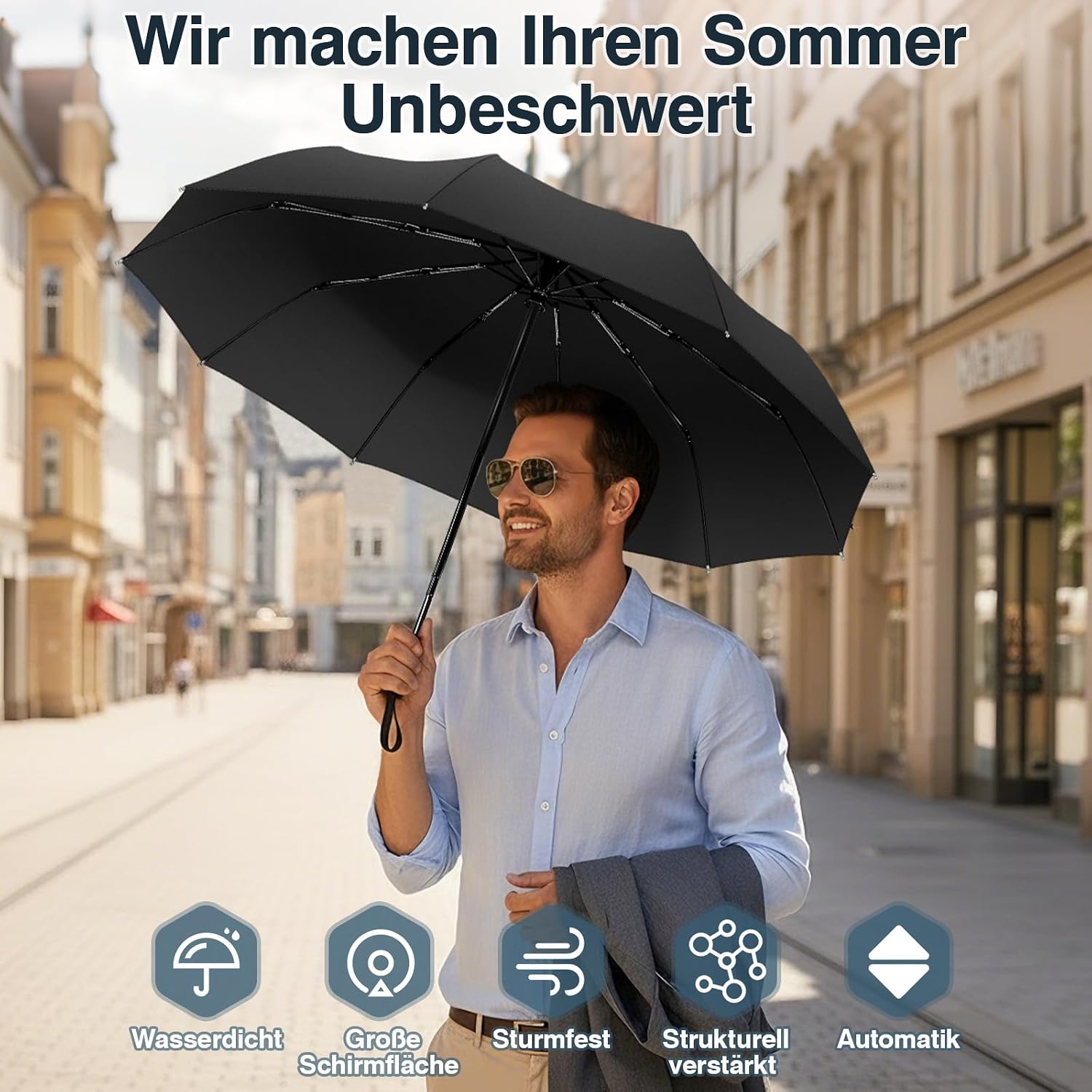 Detalle de ZOMAKE Sturmfester Regenschirm (Taschenschirm) mit Auf-Zu-Automatik, leicht & kompakt – für Damen und Herren