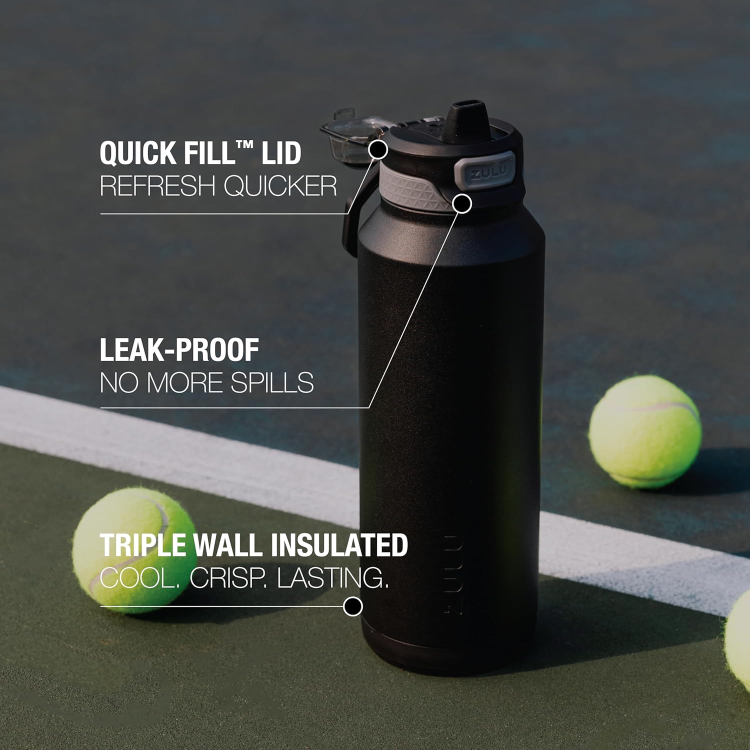 Thumbnail 1 de ZULU Powerfill Pro 40oz Stainless Steel Water Bottle with Quick Fill Lid (Leak-Proof Locking Lid) - Black