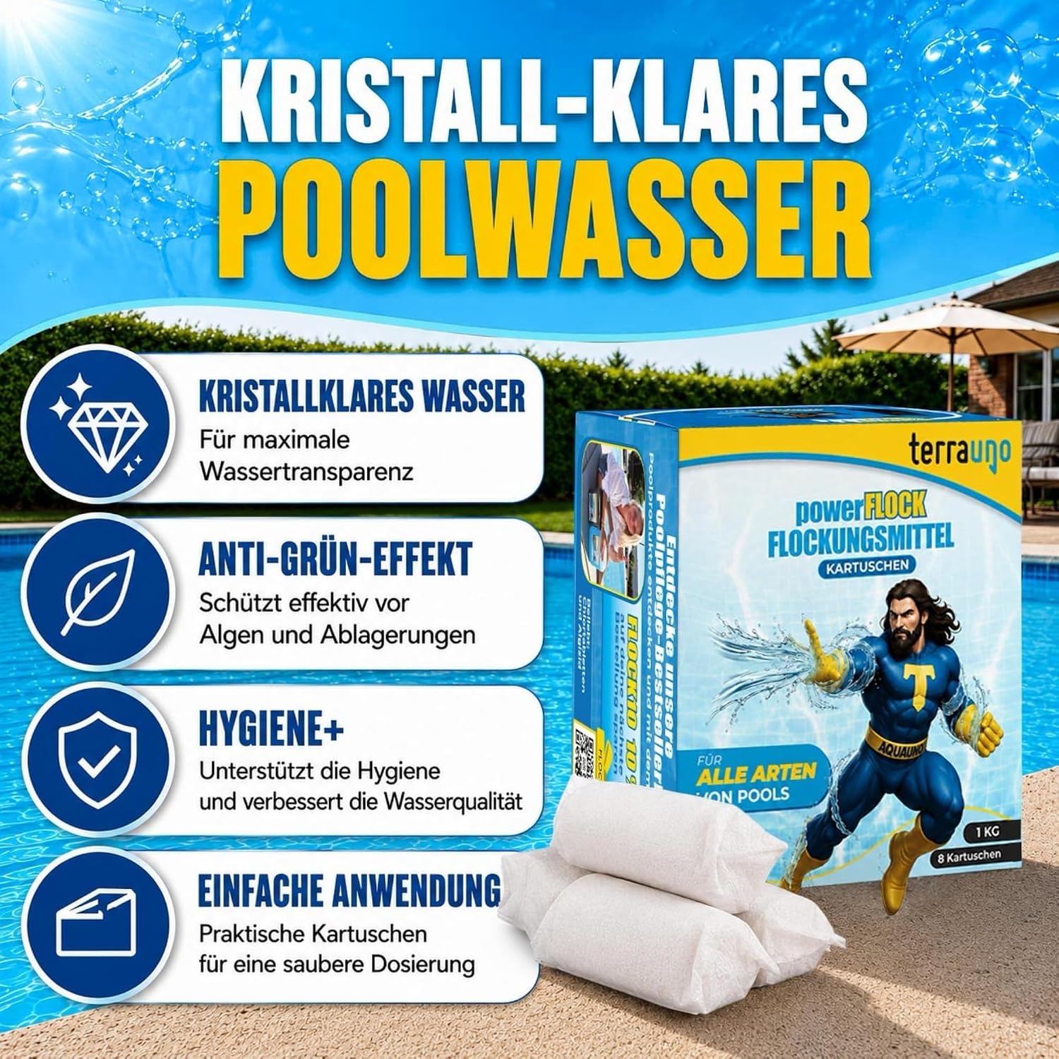 Thumbnail 1 de TerraUno Flockungsmittel Pool Kartuschen – 8 Stück 125 g | klares Wasser mit Sandfilter