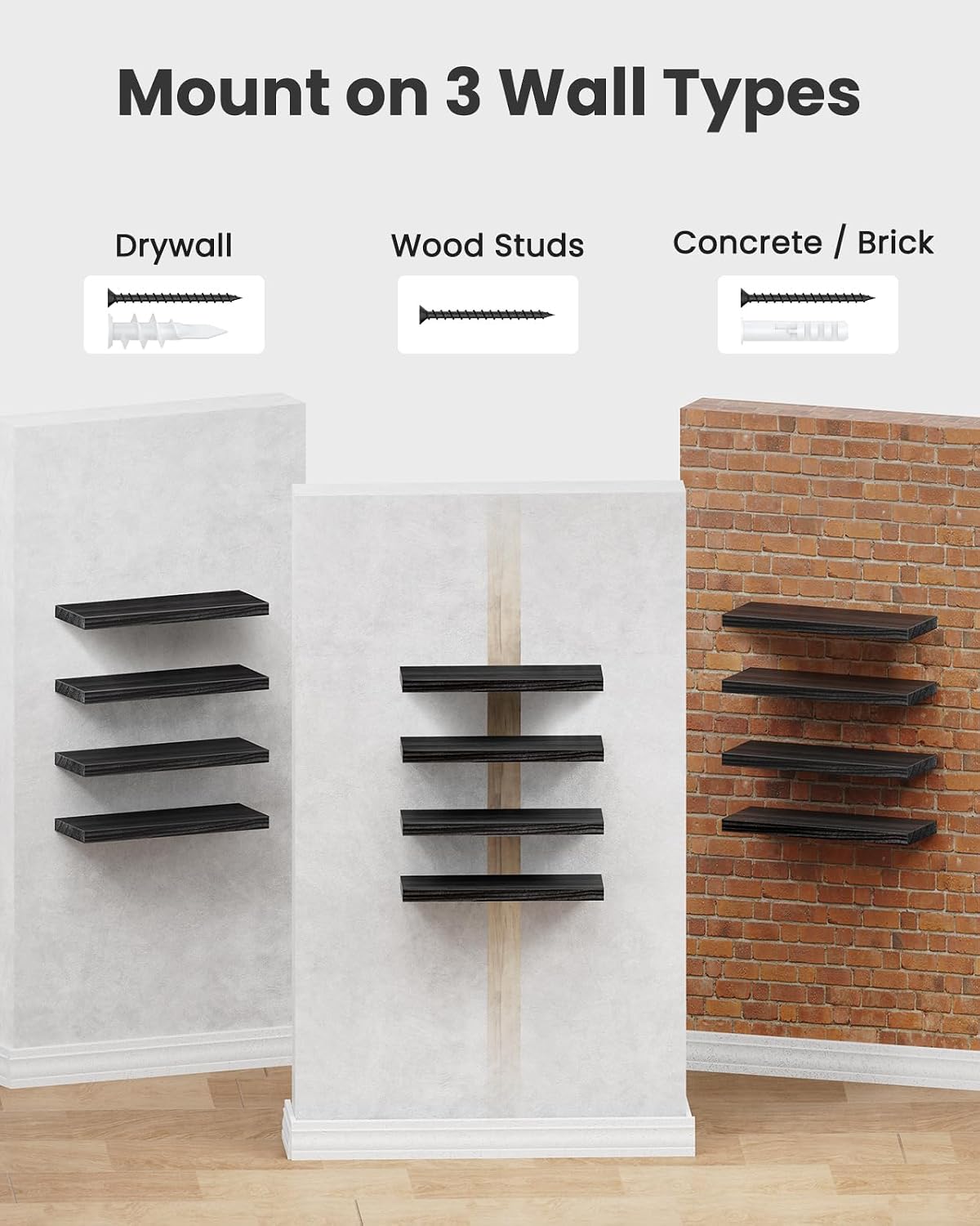 Detalle 1 de AMADA HOMEFURNISHING AMFS40B Floating Wall Shelves, Black Paulownia Wood, Set of 4